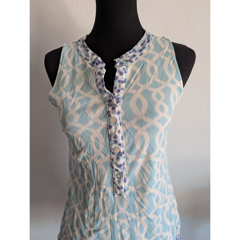 Sleeveless Tunic Top Size Small Blue White Geometric Print
